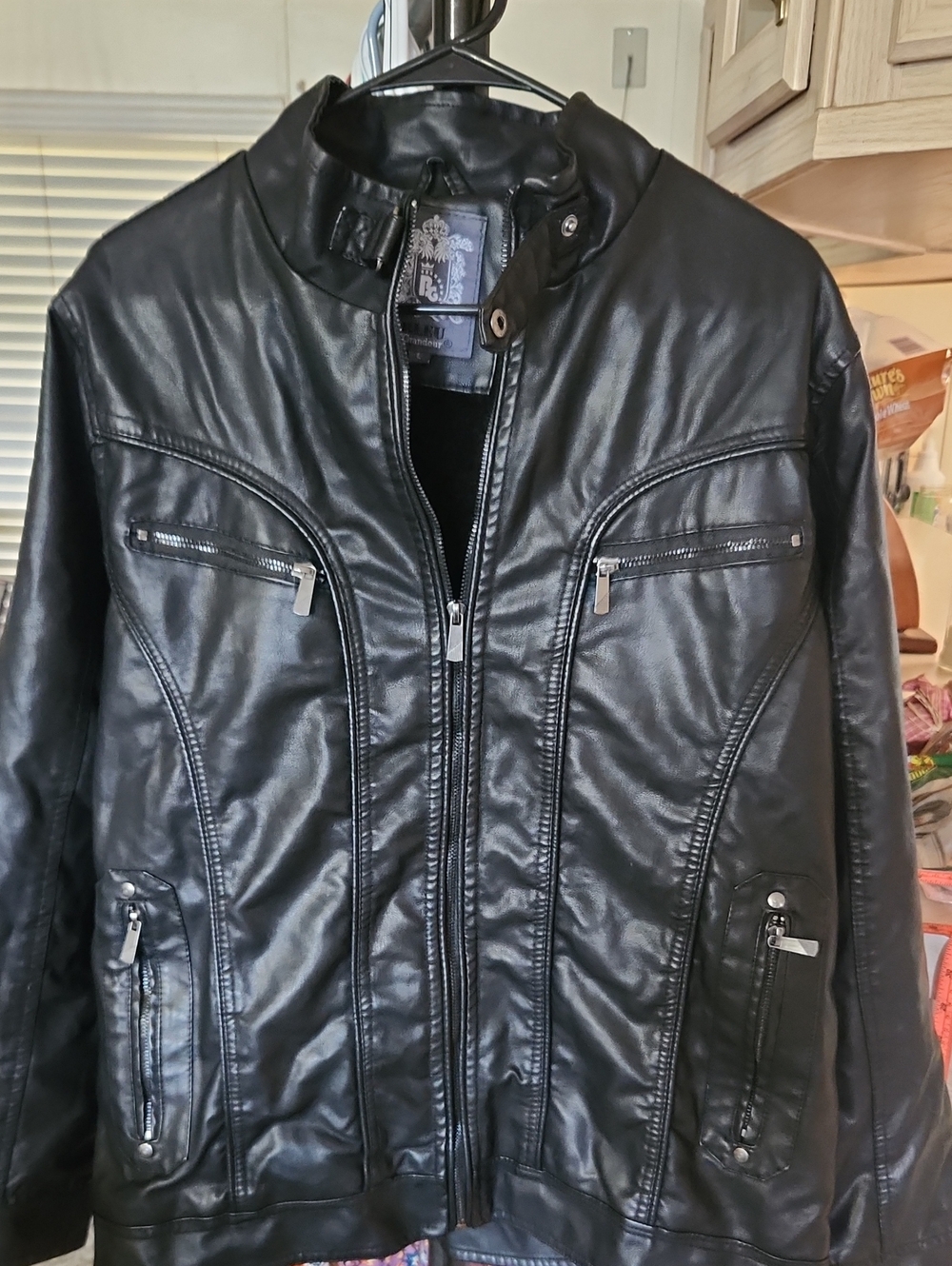 BLEU GRANDUER LARGE Classic Black Faux Leather Jacket with Stand Collar